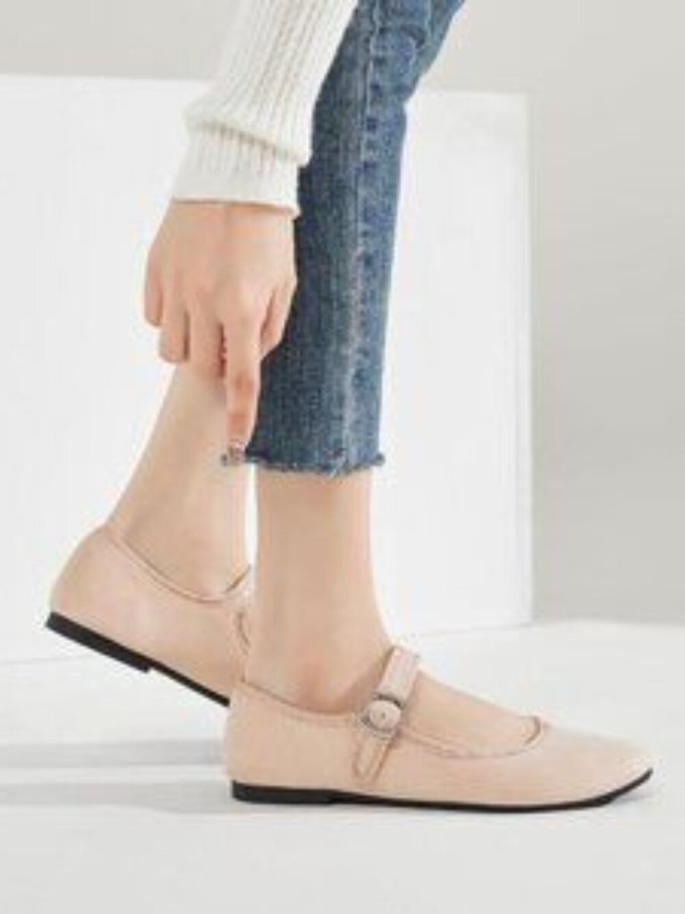 Babudog Womens Nude Faux Suede Rounded Toe Mary Jane Ballets Flats with Strap - Picture 4 of 9